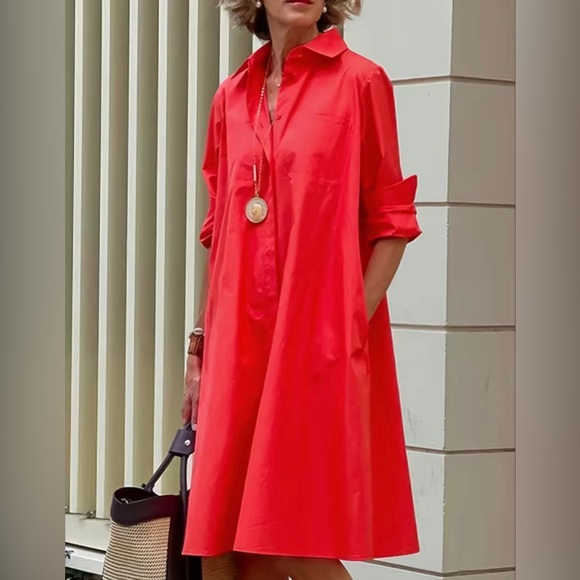 Passion of Essence Dresses & Skirts - Casual Solid Pocket Long Sleeves V-neck Simple Mid-length Dresses